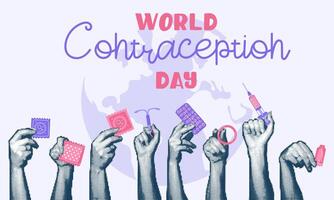 Hands holding a variety of contraceptives, a collage in the style of pop art grunge. World Contraception Day, September 26, is made in a halftone style using dots. Hands and contraceptives vector