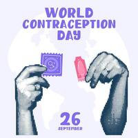 Hands holding a condom and a suppository, contraceptives, a collage in the style of pop art grunge. World Contraception Day, September 26, is made in a halftone style using dots. Hands holding vector