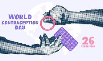 Hands holding pills and a vaginal ring, contraceptives, a collage in the style of pop art grunge. World Contraception Day. Hands holding flat objects, September 26, halftone style using dots. vector