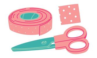 colored flat roll of adhesive tape in a roll, scissors and a piece of first aid. Pink roll with breathable surface. Insulated strip to cover scratches. The fabric strip is cut with scissors vector