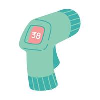 A flat of a non-contact infrared thermometer highlighted on a white background. The blue element for the temperature test in case of illness. Illness, cold, high fever. 38 degrees vector