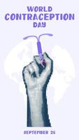 hand holds an IUD contraceptive, a collage in the style of pop art grunge. World Contraception Day, September 26, is made in a halftone style using dots. A flat medical instrument. vector