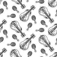 A pattern of Mexican musical instruments with doodles. Maracas, guitar repeating in a turn. Painted instruments for Mexican-style folk festivals in motion. playing instruments. Seamless texture vector