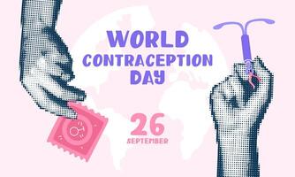 Hands holding a condom and an IUD, contraceptives, a collage in the style of pop art grunge. World Contraception Day. The hands pressing a flat object against each other, on September 26, halftone vector