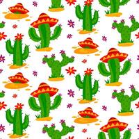 pattern of Mexican cacti in a flat style. Bright cacti in hats. Seamless texture with flowering cacti, hand-painted. Bright textile elements symbolizing the nature of the desert. Texture with natural vector