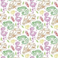 pattern with Mexican contoured animals, birds and a lizard. Flamingos, chameleon, toucan, as well as flowers and berries of plants. flat colored texture, applied by hand with bright colors. seamless vector