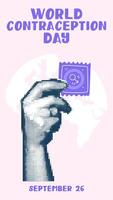 Hands holding a condom, a collage in the style of pop art grunge. World Contraception Day, September 26, is made in a halftone style using dots. Hands holding a flat blue condom vector