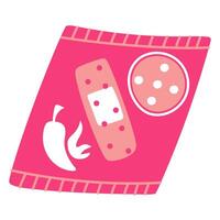 colored flat Band-aid with pepper, for warming up in case of a cold. Pink packaging with a breathable surface. An isolated strip from the flu. package of warm fabric strips. Hot pepper pattern vector