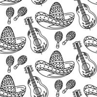 A pattern of doodle Mexican musical instruments. Maracas, guitar, sombreros repeated in the turn. Painted instruments for Mexican-style folk festivals in motion. playing instruments. Seamless texture vector