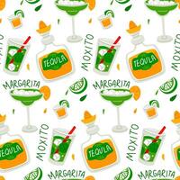 pattern of Margarita, Mojito, tequila cocktails in a glass. on the stack is a slice of lemon, lime, with ice cubes. Seamless texture is a vivid. Mexican refreshing green, yellow drink. With the name vector