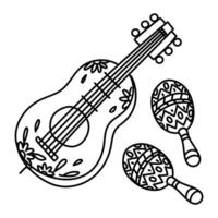 A Set Of doodle Mexican Musical Instruments. Maracas, Guitar on a white background. Painted instruments for folk festivals in the Mexican style. Isolated linear items. A black outline vector