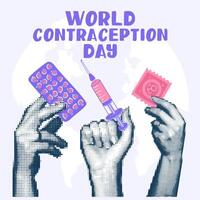 Hands holding pills, a syringe, a condom, a collage in the style of pop art grunge. World Contraception Day, September 26, is made in a halftone style using dots. Hands holding contraceptives vector