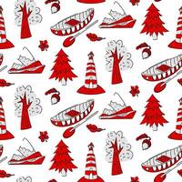 a pattern on the theme of holidays in Canada, natural elements. A doodle drawing depicting a Christmas tree, a tree, an acorn, a lighthouse, mountains, a canoe, a maple leaf. The drawings in red tones vector
