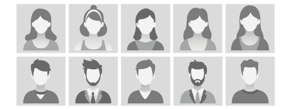 different monochrome avatar illustrations showing anonymous people with diverse hairstyles and clothing. Default user profile for social media, website, app, support service. vector