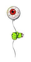 Happy Halloween concept. Floating Green Zombie hand holding balloon shaped like an eyeball on transparent background. illustration for Zombie party invitation, Halloween horror card, ads vector