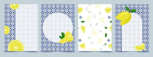 Lemon themed card set with blue floral tiles. Frames and background with copy space for text. naive illustration of whole lemon, slice of lemon for background, card, invitation or poster a4. vector