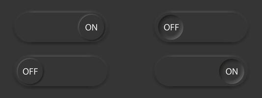 On and Off Toggle Switch Buttons for User Interface Mockup or Template - black soft and smooth 3d buttons on dark Background. Graphic Design For website or apps design vector