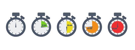 stopwatch set. Chronometer, time counter with dial. Colorful countdown timer showing minutes. Time measurement for sport, start and finish. illustration isolated on transparent background vector