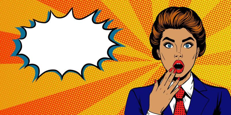 Wow female face in pop art retro comic style. Sexy surprised woman with open mouth and speech bubble with copy space for text. colorful background for special offer, sale announce, discount.