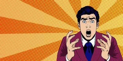 Surprised Businessman in Purple Suit With Pop Art Background in Daylight. Men in suit expresses shock and surprise. hands are raised near his face, emphasizing his dramatic reaction. vector
