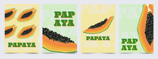 Creative concept of card set with stylized papaya drawing, whole and half. Modern design templates for ads, branding, label. Tropical exotic fruit. Collection of fruit templates, posters, price tags vector