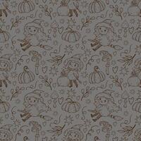 Halloween seamless pattern with little funny witches in hats, pumpkins, mushrooms. Brown line illustration for decoration and design wrapping paper, fabrics, souvenirs vector