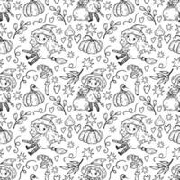 Halloween seamless pattern with little funny witches in hats, pumpkins, mushrooms. Black line illustration for decoration and design wrapping paper, fabrics, souvenirs vector