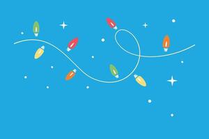 Playful illustration of a string of colorful Christmas lights against a bright blue background. vector