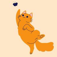 A cute cartoon cat is catching a butterfly. Illustration in flat style. Design element for posters, fabrics, wrapping paper, logo, postcards, clothing design vector
