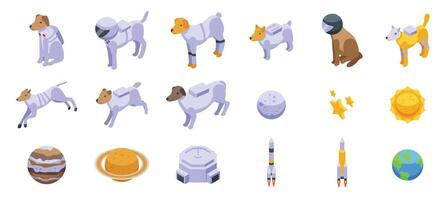 Dog astronaut icons set. Space dogs wearing astronaut suit exploring galaxy elements vector