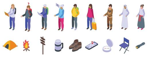 Tourist ask icons set. Travelers and backpackers exploring new destinations using map for navigation vector