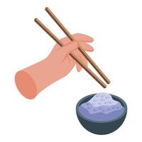 Hand holding chopsticks picking up rice from bowl isometric view vector