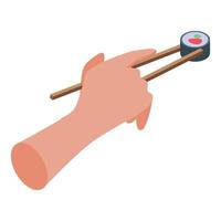 Hand holding sushi with wooden chopsticks isometric view vector