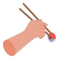 Hand holding sushi with chopsticks isometric icon vector