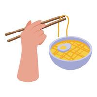 Hand holding chopsticks picking up noodles from bowl of ramen soup vector
