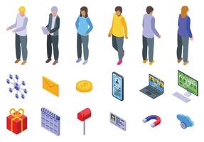 Referral network icons set. People networking, connecting online and customer relationship management isometric icons vector
