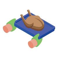 Hands holding a tray with a roast turkey isometric illustration vector