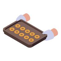 Baker holding baking sheet with freshly baked donuts isometric view vector