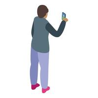Young man taking photo with smartphone in isometric view vector