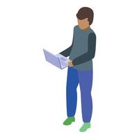 Programmer holding laptop is coding new project standing up vector