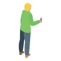 Reporter holding microphone asking question back view isometric vector