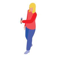 Female reporter holding microphone walking and interviewing isometric 3d icon vector