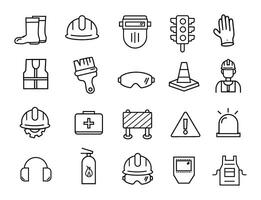 job safety icons such as apron, cone, worker, no smoke, safety, insurance, emergency button, warning vecto vector