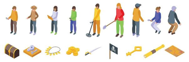 Treasure hunting icons set. Treasure hunters are searching for ancient artifacts using a metal detector and a map vector