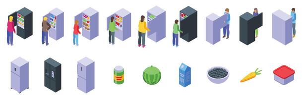 Person open refrigerator icons set. People using modern refrigerators with food inside for storing products isometric set vector