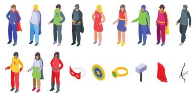 Superhero costume cloak icons set. Superhero people wearing colorful suits and masks standing in different poses with objects set isometric 3d vector