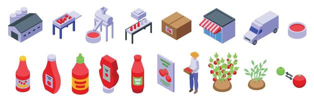 Tomato Ketchup Production icons set. From farm to fork, exploring the ketchup production chain vector