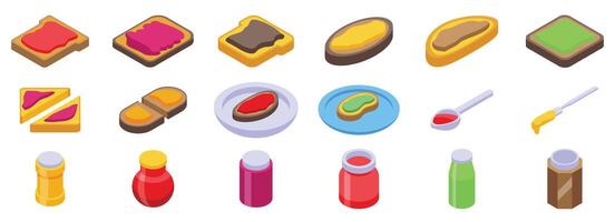 Jam toast icons set. Toast bread with jam jelly and chocolate spread icons set isometric vector
