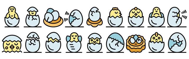 Baby chickens are hatching from eggshells in different stages vector