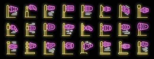 Set of neon icons of windsocks showing wind direction and speed vector